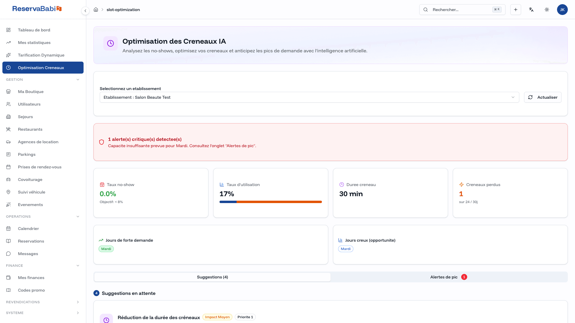 Optimisation des creneaux IA ReservaBabi