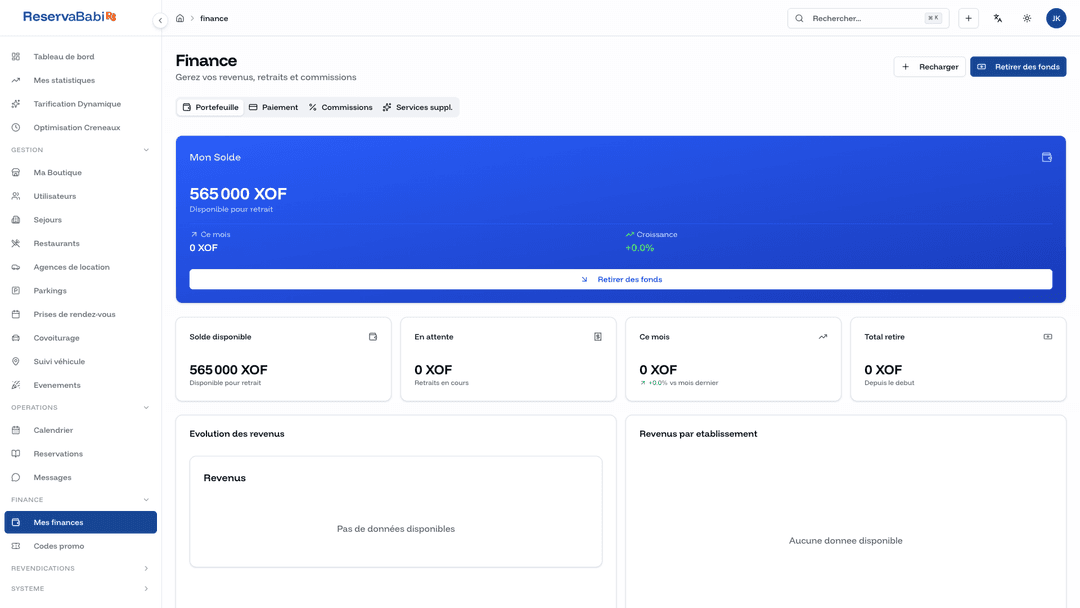 Tableau de bord ReservaBabi